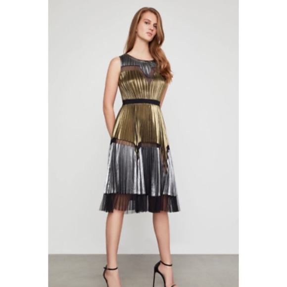 bcbg metallic pleated gown